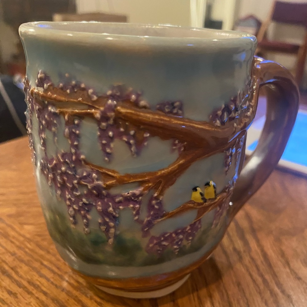 Lisa Dusenberry pottery mug wisteria tree design with 2 birds sitting